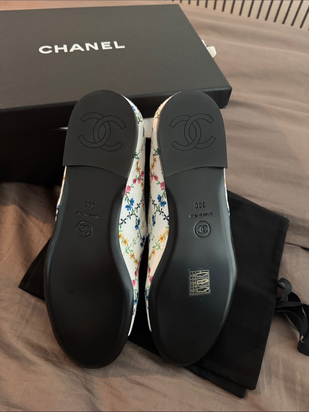 CHANEL White Floral Mary Jane Flats with Black Cap Toe - Picture 5 of 7